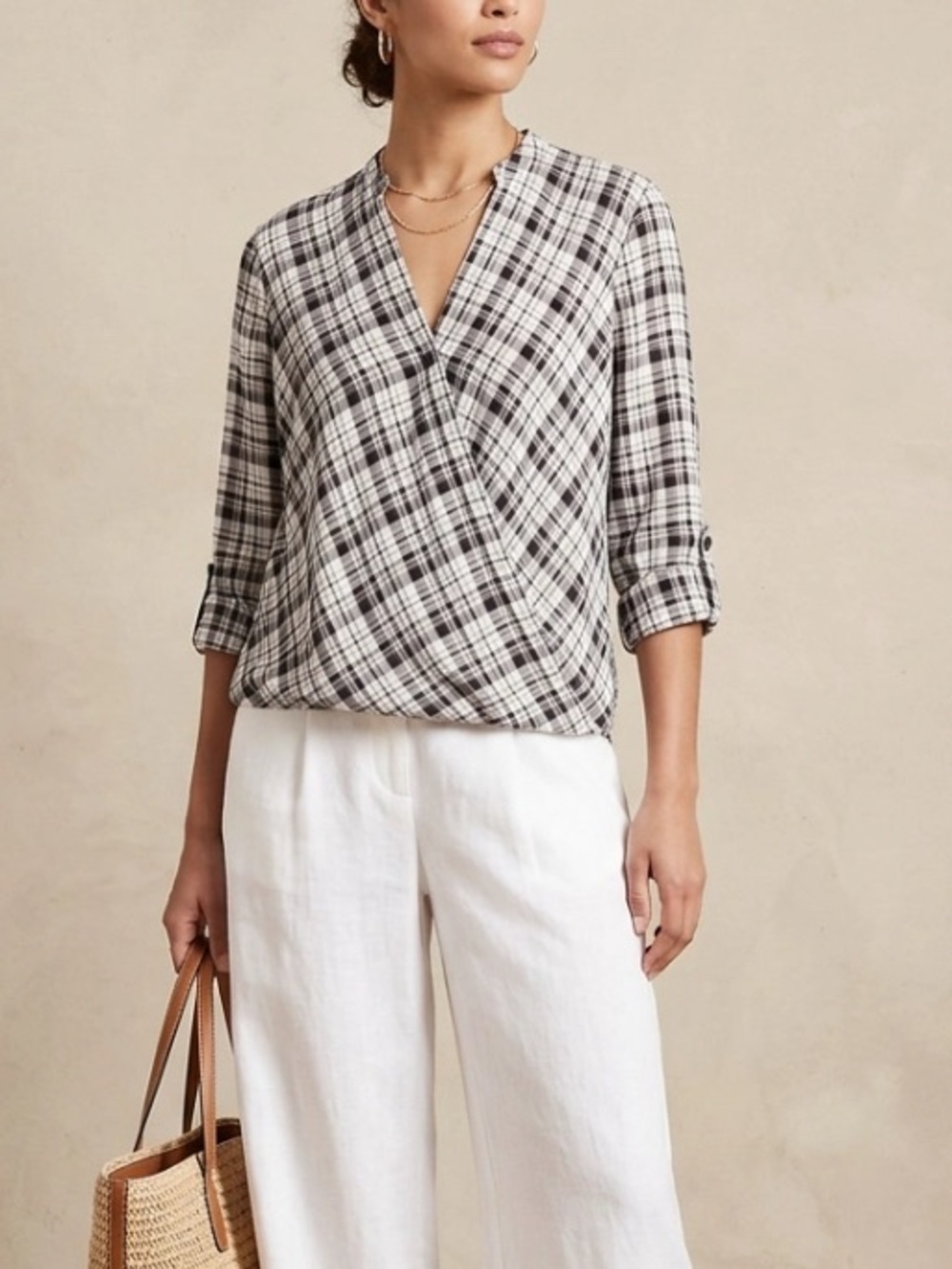 C Faux Wrap Black White Plaid blouse  classic Resortwear coastal Cowgirl western